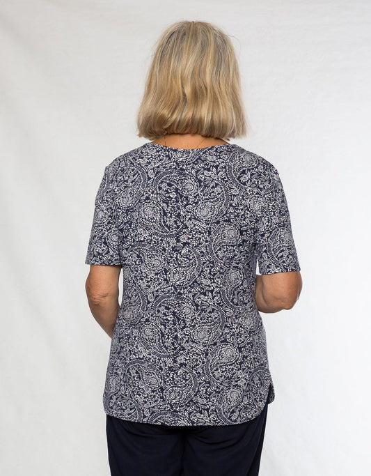 Stretch Rayon Monotone Print Top #157 Navy