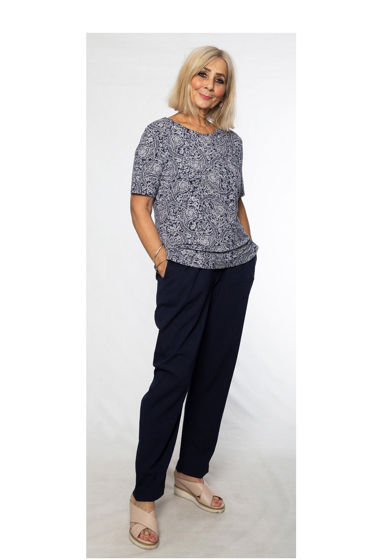Stretch Rayon Monotone Print Top #157 Navy