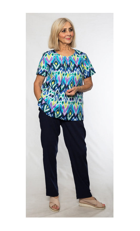 100% Linen Ikat print short sleeve top with pleat neckline #333 Blue Multi