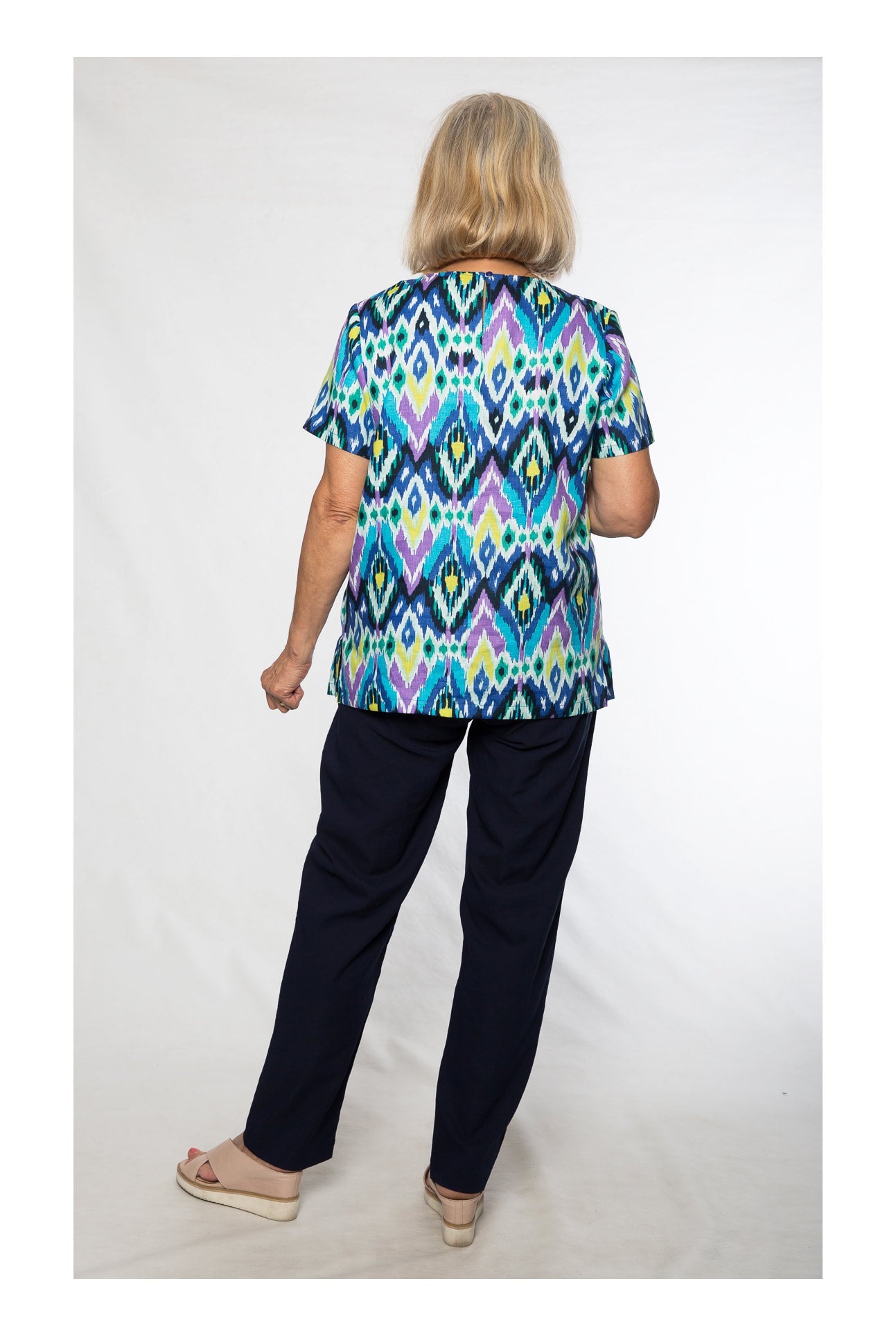 100% Linen Ikat print short sleeve top with pleat neckline #333 Blue Multi