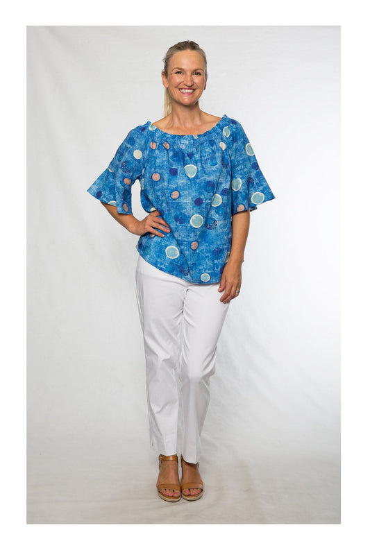 Half sleeve cotton rayon print top with smocked neckline #468 Blue Spot