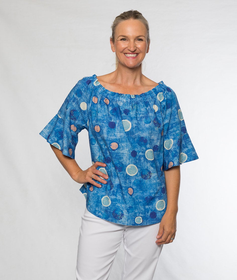 Half sleeve cotton rayon print top with smocked neckline #468 Blue Spot