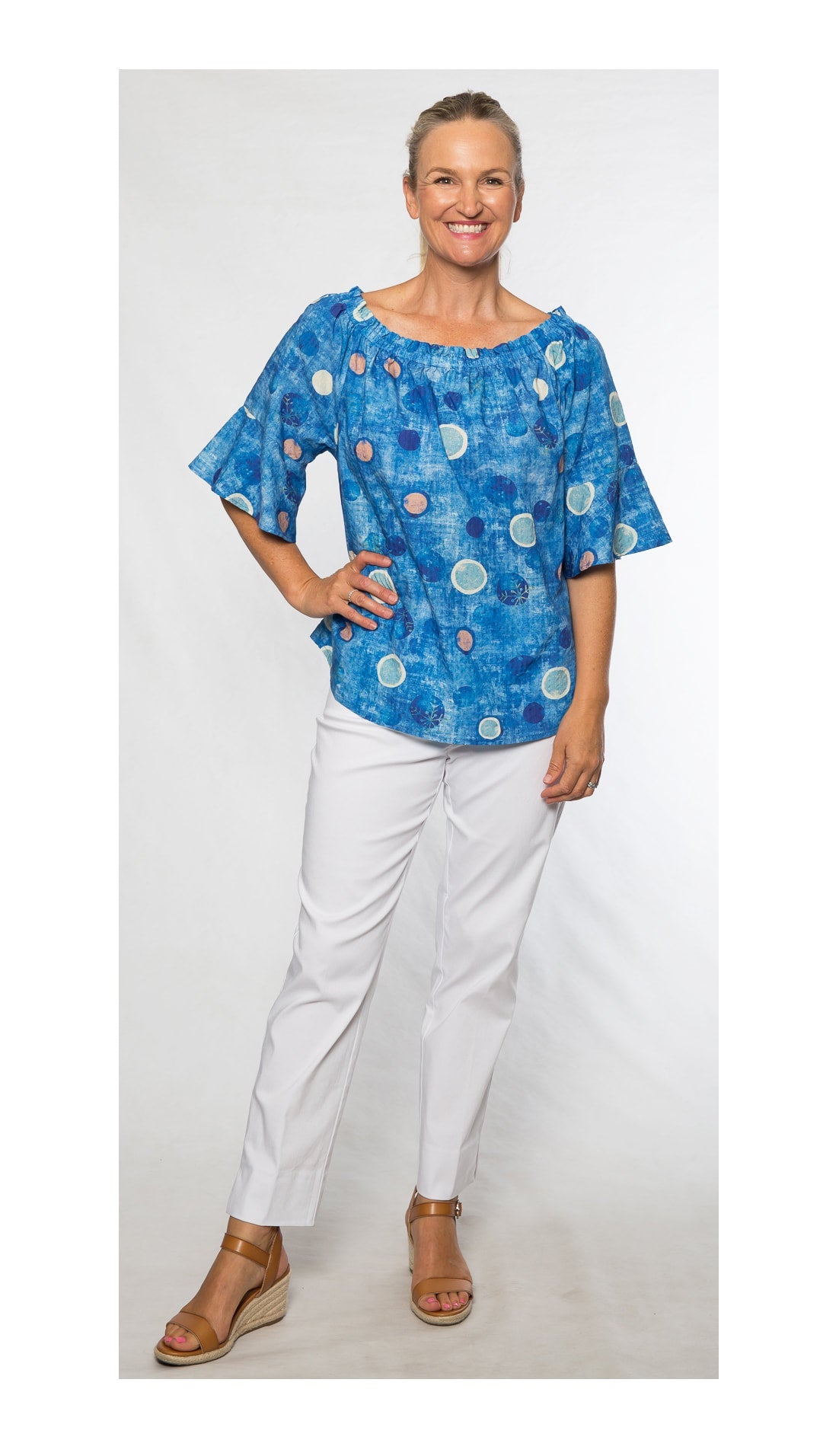 Half sleeve cotton rayon print top with smocked neckline #468 Blue Spot