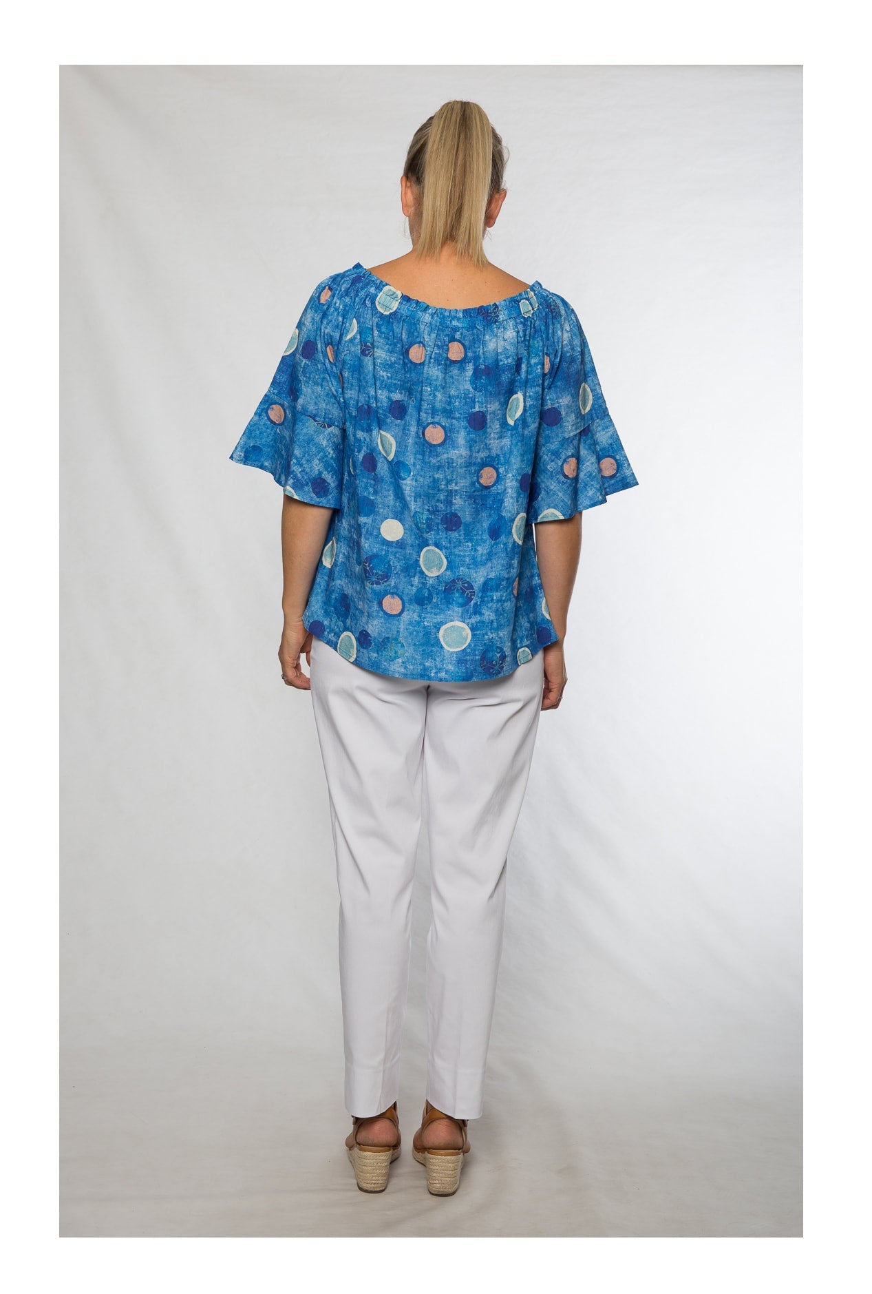Half sleeve cotton rayon print top with smocked neckline #468 Blue Spot