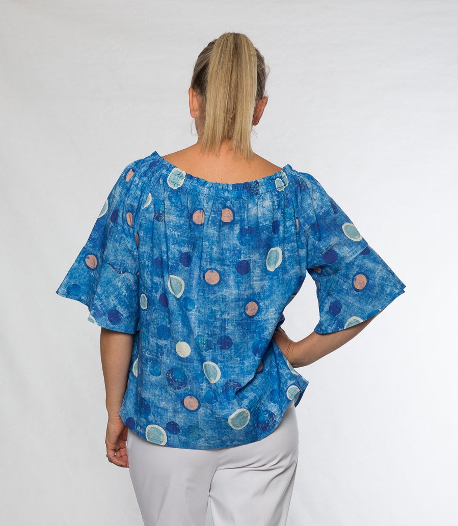 Half sleeve cotton rayon print top with smocked neckline #468 Blue Spot