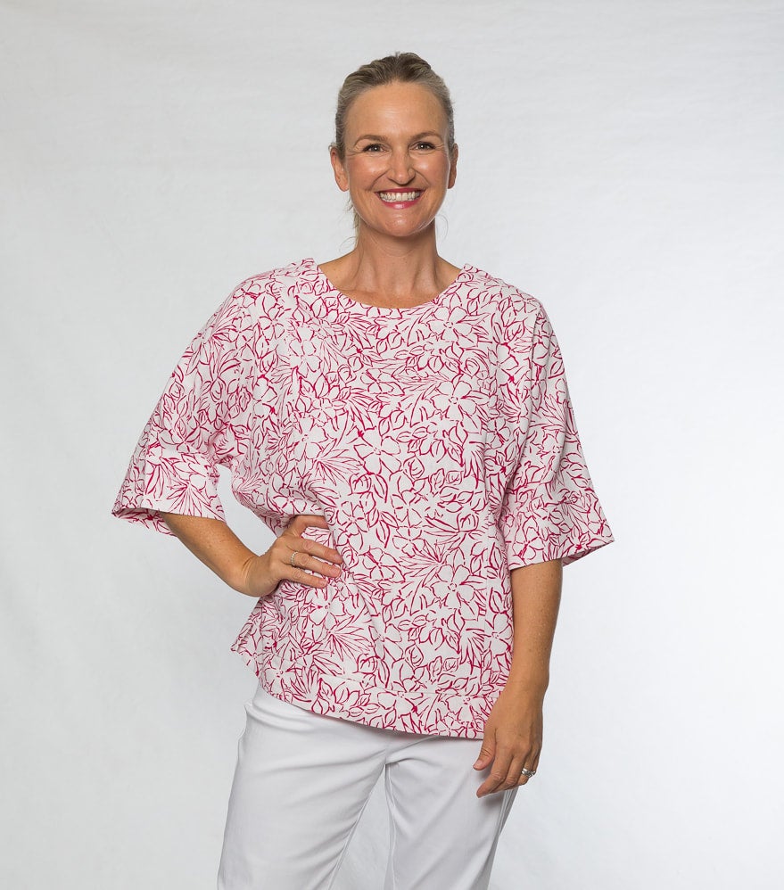 Half sleeve linen cotton print panelled top linen/cotton/spandex #476 Pink