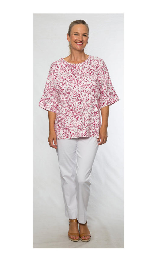 Half sleeve linen cotton print panelled top linen/cotton/spandex #476 Pink