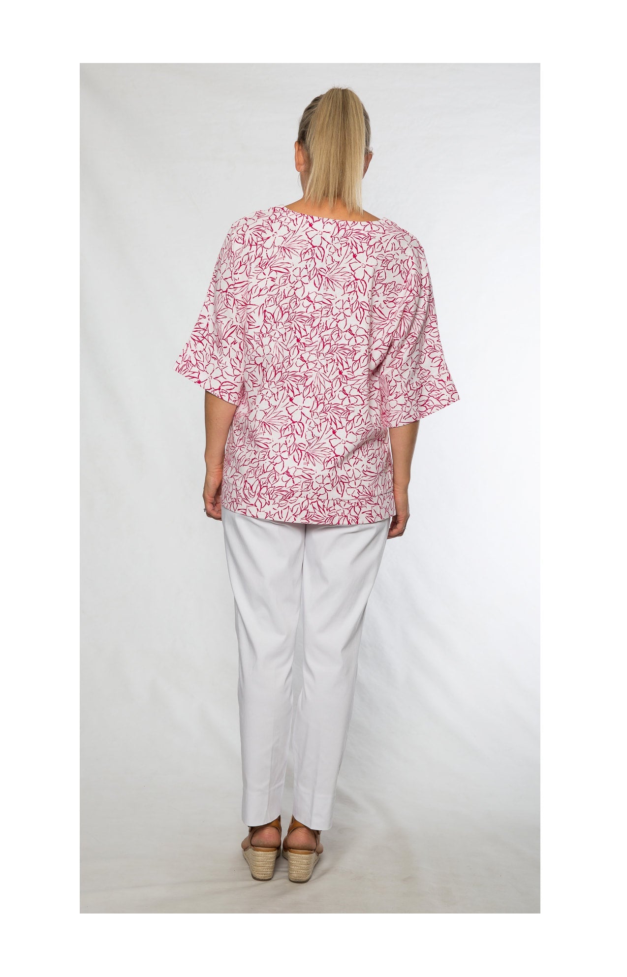 Half sleeve linen cotton print panelled top linen/cotton/spandex #476 Pink
