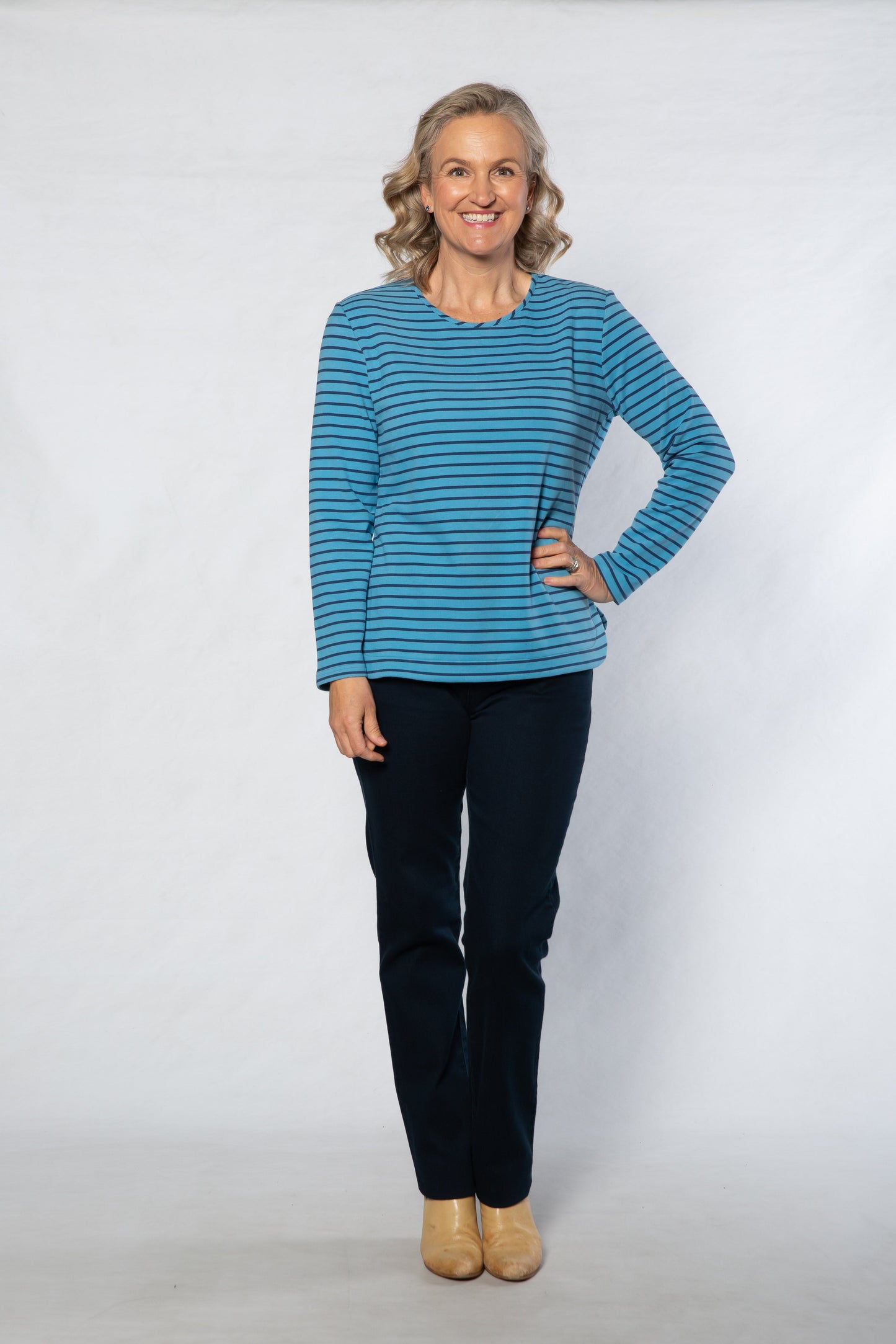 Long Sleeve Stretch Jersey Stripe Top - Pink #102 BLUE NAVY