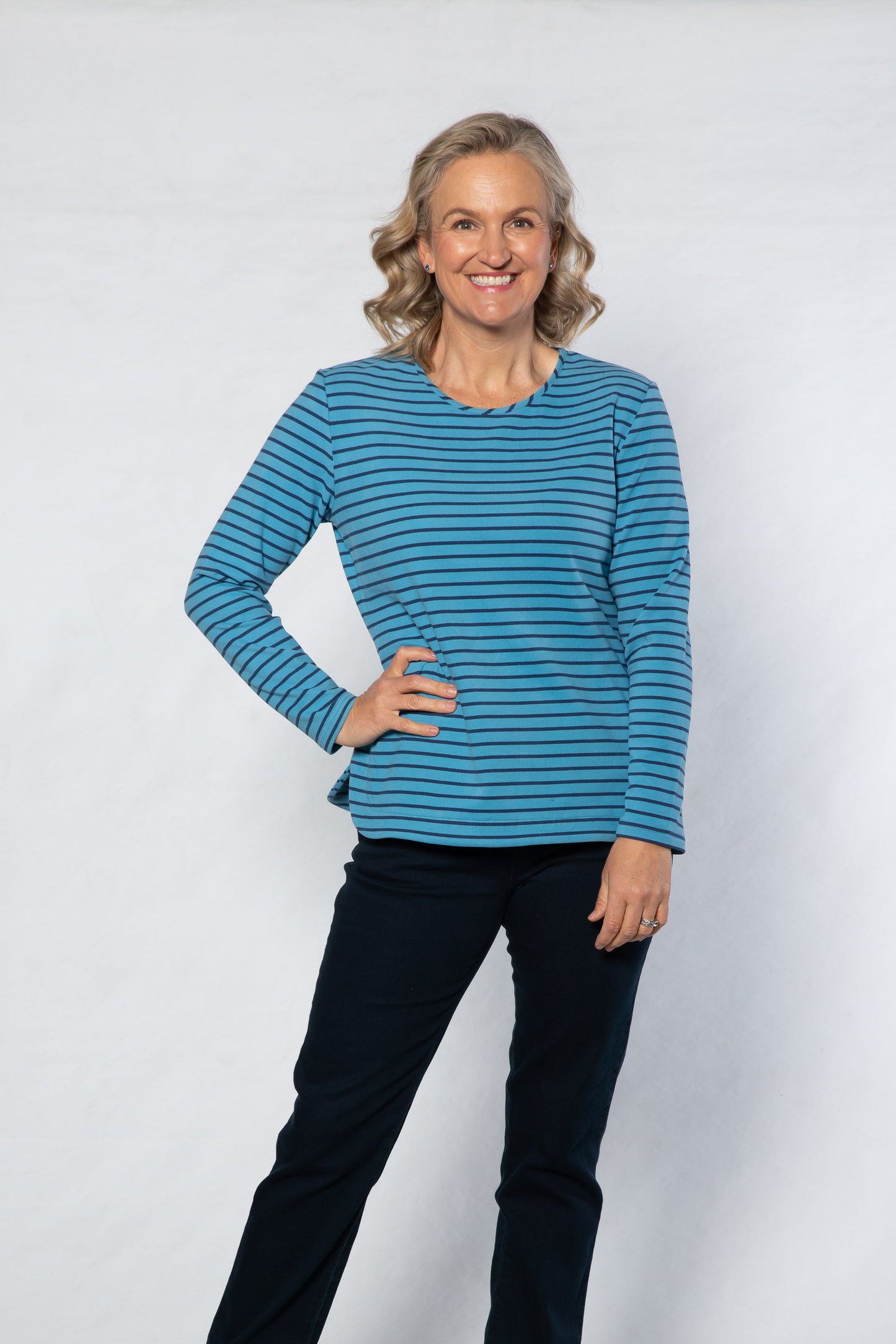 Long Sleeve Stretch Jersey Stripe Top - Pink #102 BLUE NAVY
