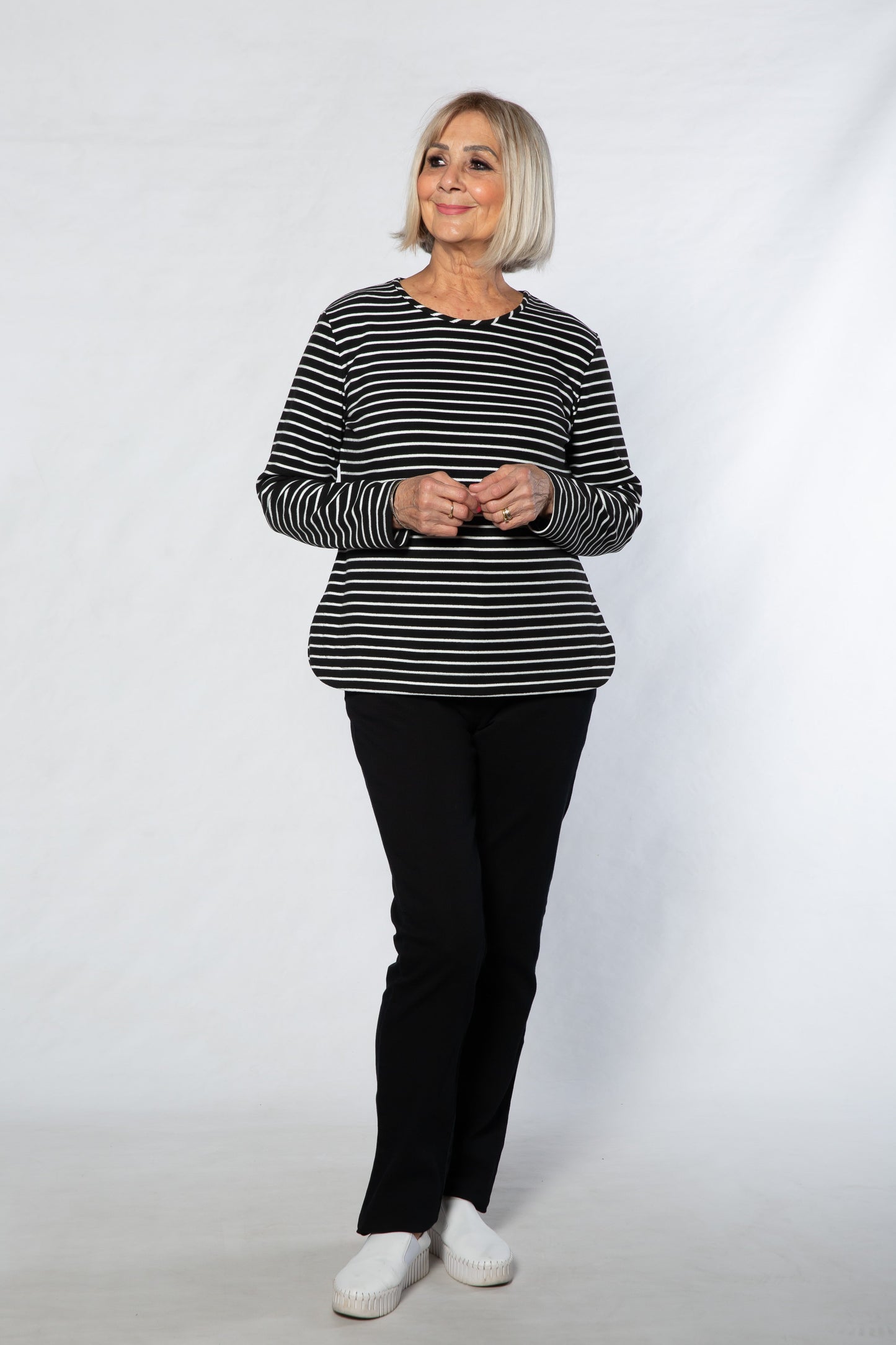 Long Sleeve Stretch Jersey Stripe Top - Black#102 BLACK WHITE