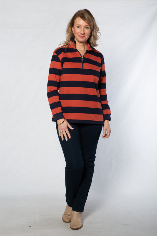 Block stripe 1/2 zip rugby #1045 - RUST NAVY