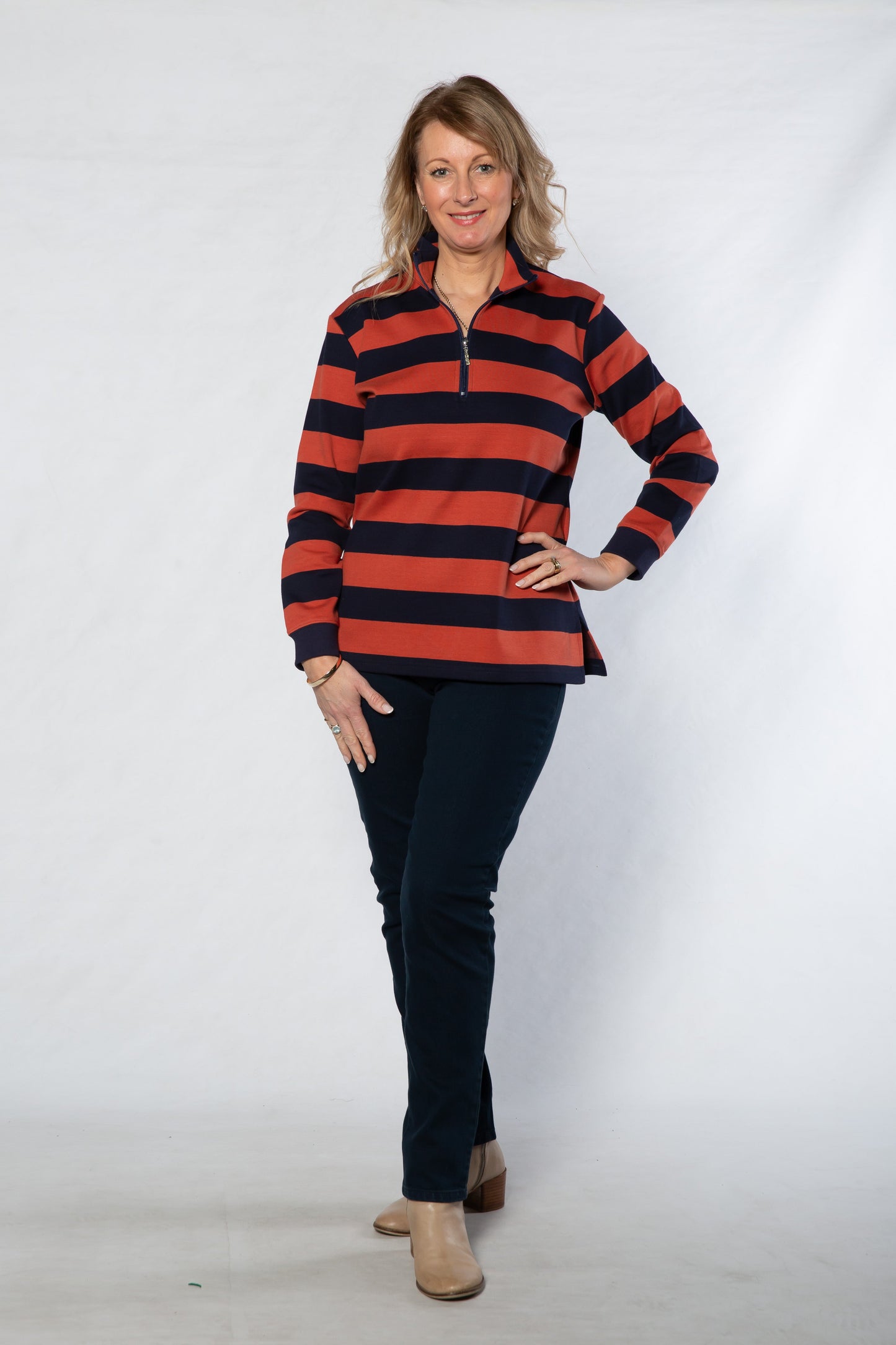 Block stripe 1/2 zip rugby #1045 - RUST NAVY