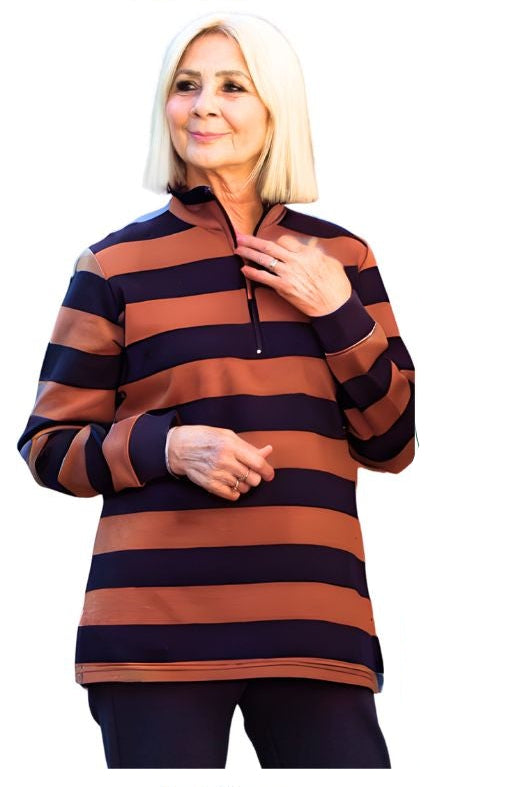 Block stripe 1/2 zip rugby #1045 - RUST NAVY