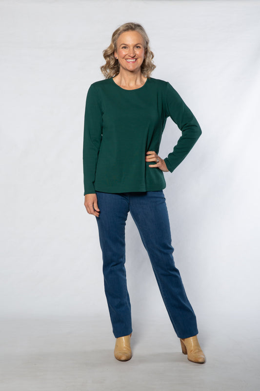 Long sleeve stretch cotton crew neck top #108 EMERALD