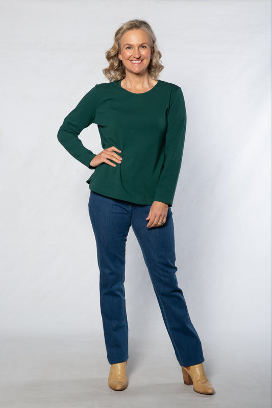 Long sleeve stretch cotton crew neck top #108 EMERALD