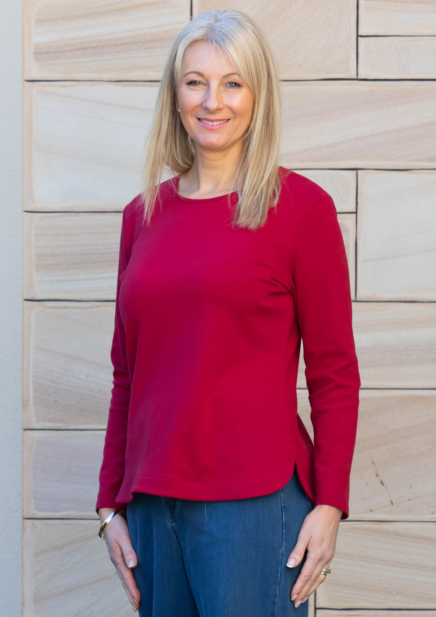 Long sleeve stretch cotton crew neck top #108 Red