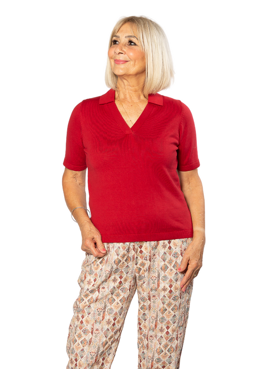 100% Cotton Johnny Collar Summer Knit Polo Top #5001 -  Cranberry