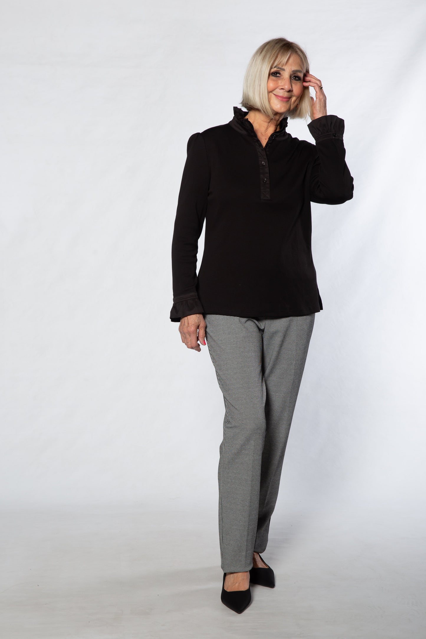 Jersey Knit Top with Ruffle Trim collar #156 BLACK