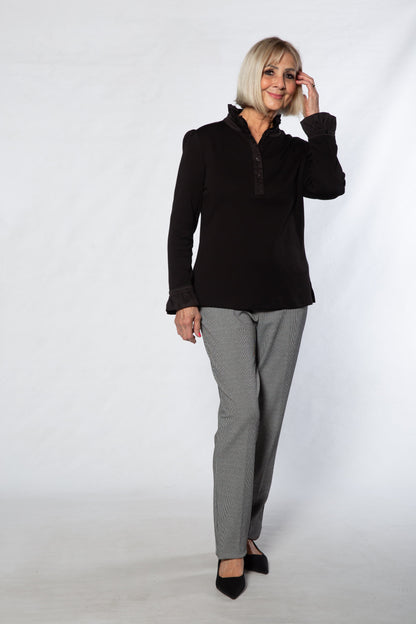 Jersey Knit Top with Ruffle Trim collar #156 BLACK