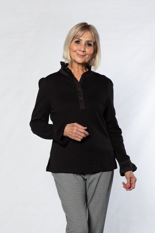 Jersey Knit Top with Ruffle Trim collar #156 BLACK