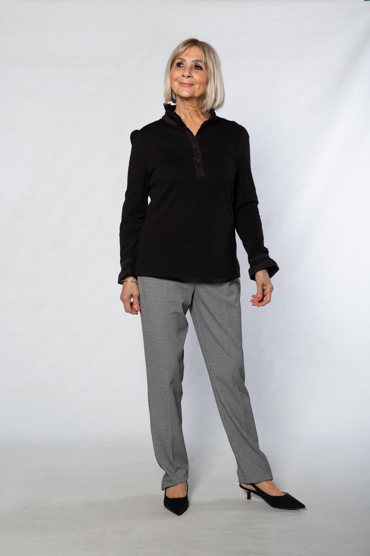 Jersey Knit Top with Ruffle Trim collar #156 BLACK