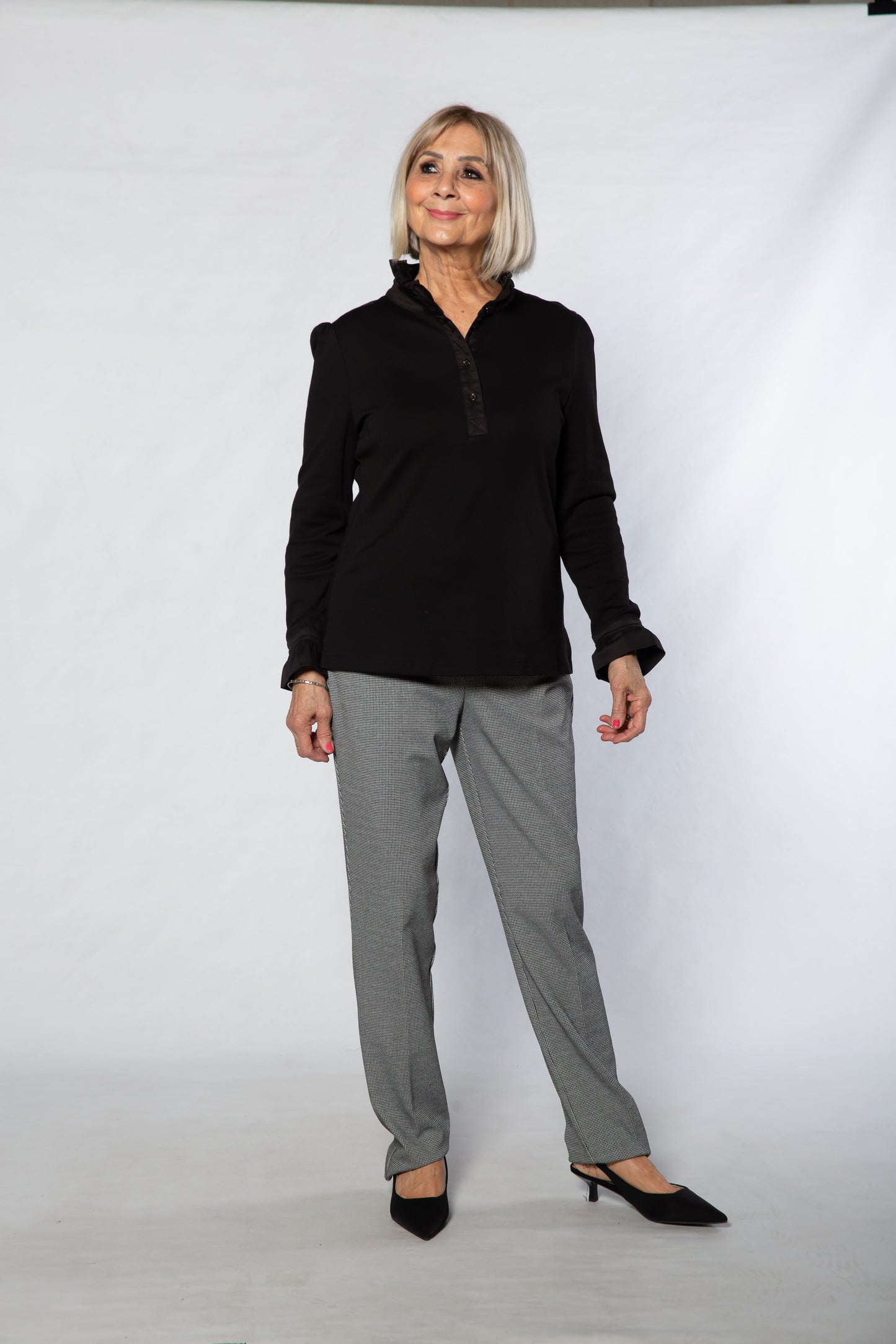 Jersey Knit Top with Ruffle Trim collar #156 BLACK