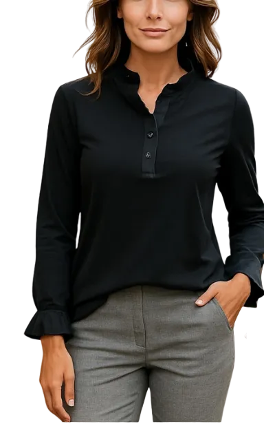 Winter 2026 tops collection with models wearing various long-sleeve and ruffled collar tops.