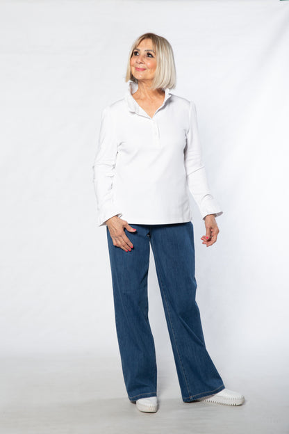 Jersey Knit Top with Ruffle Trim Collar #156 - White