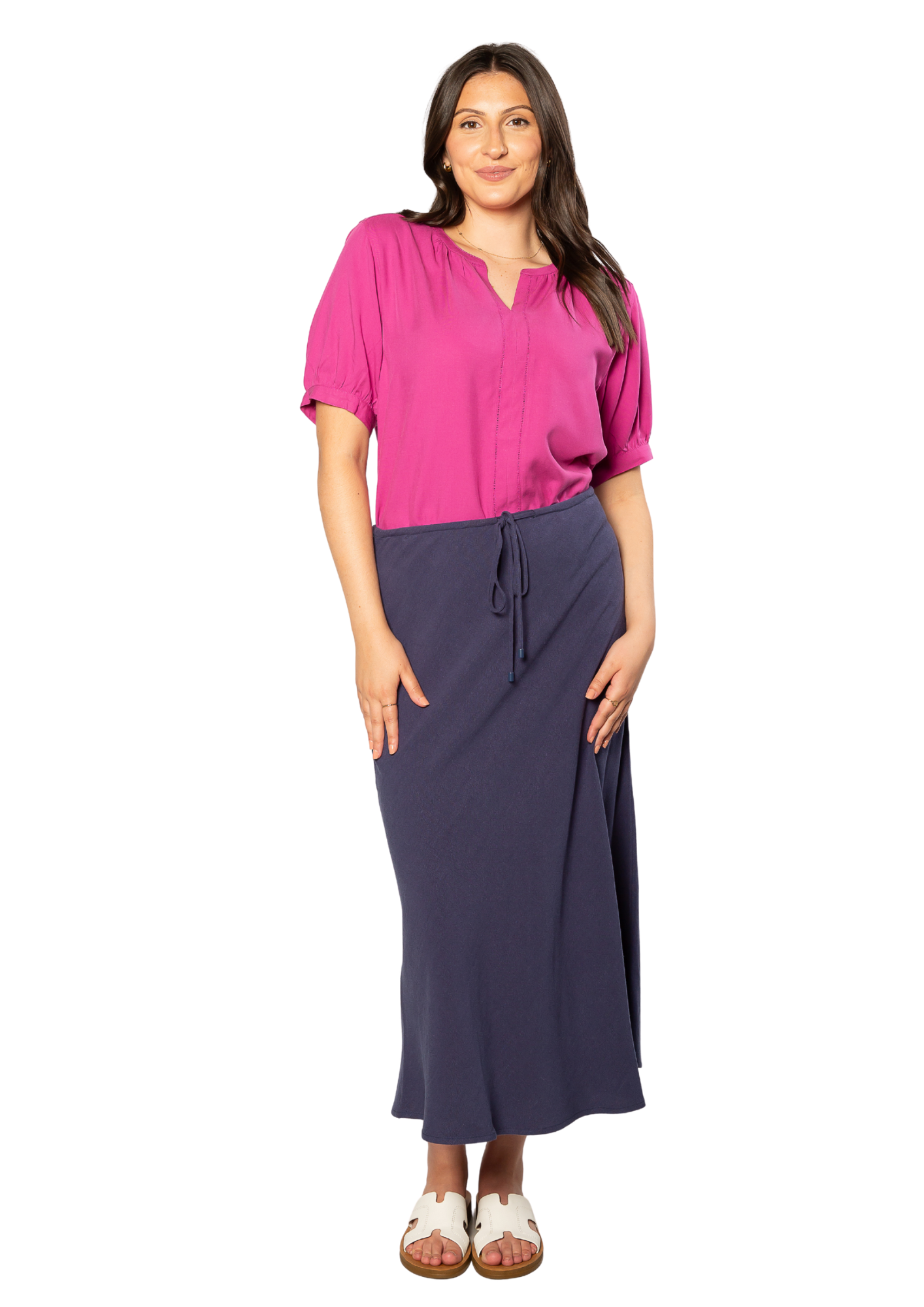 Linen Blend Drawstring Skirt  4225 - Navy