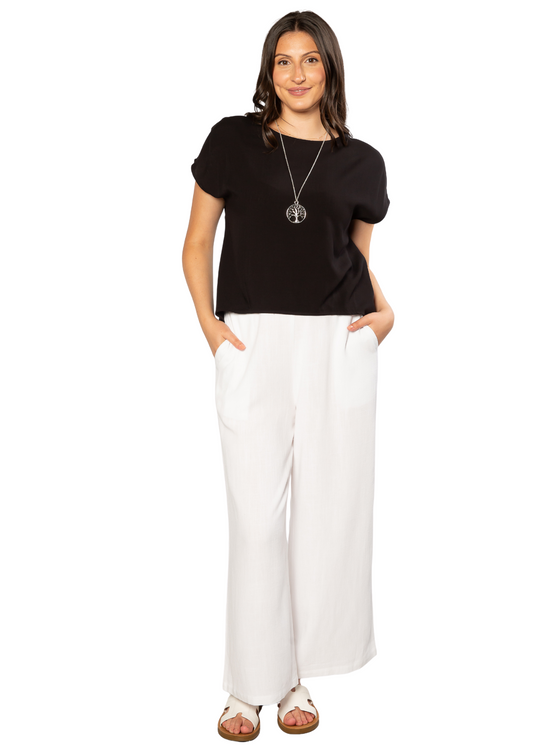 Linen Blend Wide Leg Pant with Pockets #6646 - White