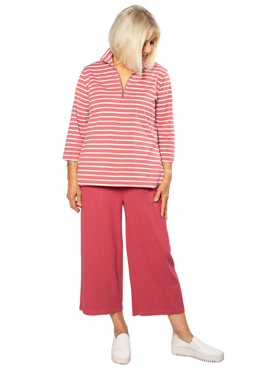 Linen Blend 3/4 Length Pant with Pockets #6678 - Cranberry