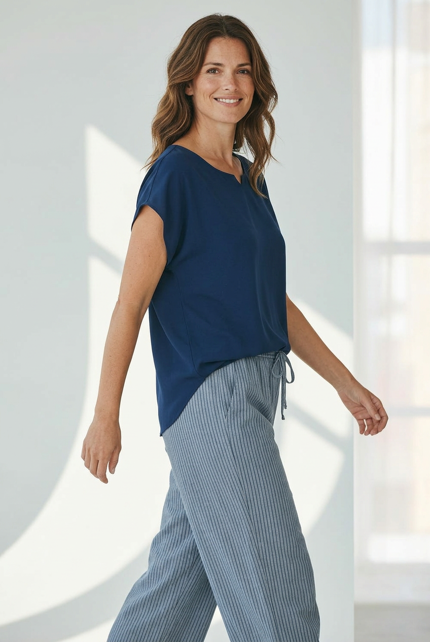 Extended Cap Sleeve Scoop Hem Top #627 Navy/Sky/Mint