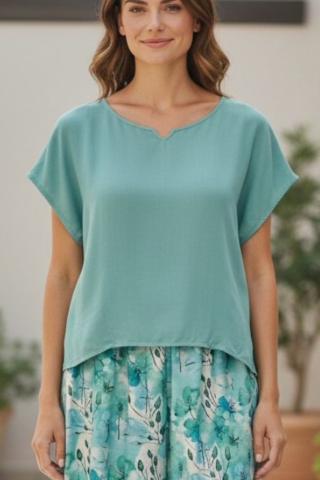 Extended Cap Sleeve Scoop Hem Top #627 Navy/Sky/Mint