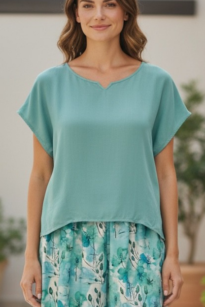 Extended Cap Sleeve Scoop Hem Top #627 Navy/Sky/Mint
