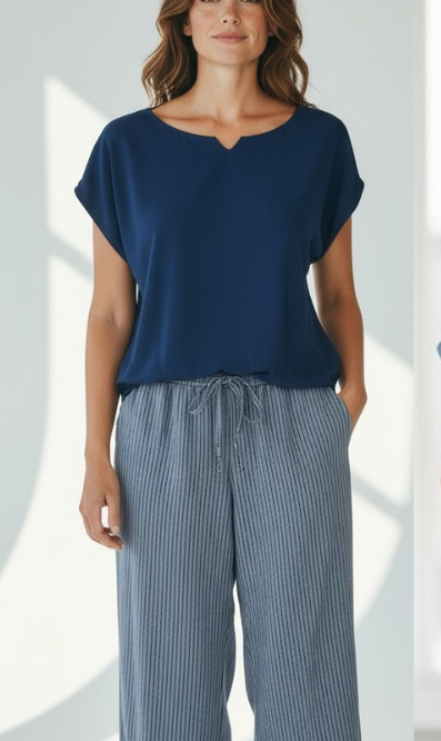 Extended Cap Sleeve Scoop Hem Top #627 Navy/Sky/Mint