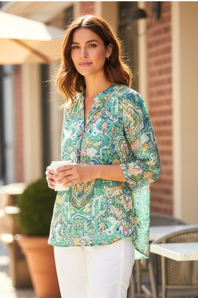 Printed Henley Shirt 3/4 Sleeve #509 Pink Multi | Green Multi