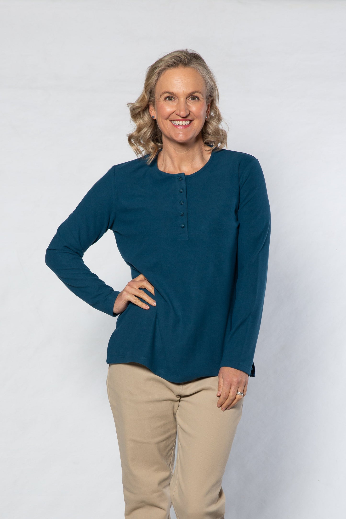 Henley Long sleeve stretch crew neck top #209 Blue