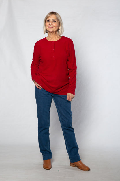 Henley Long sleeve stretch crew neck top #209 Red