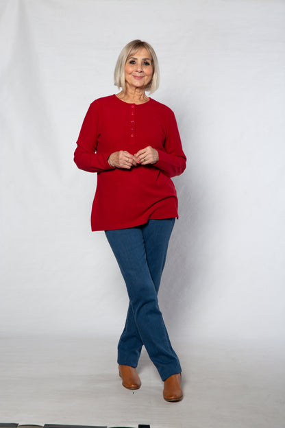 Henley Long sleeve stretch crew neck top #209 Red