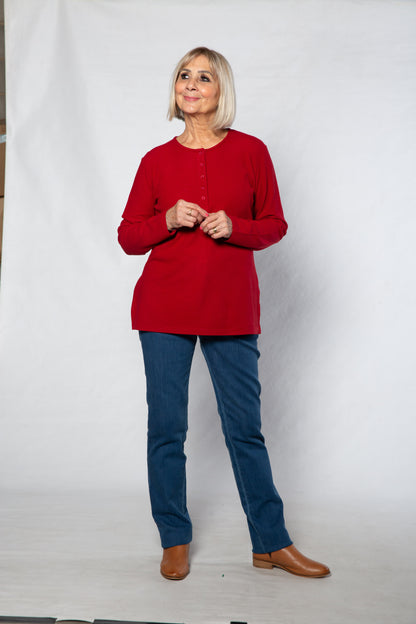 Henley Long sleeve stretch crew neck top #209 Red