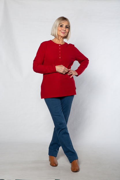 Henley Long sleeve stretch crew neck top #209 Red