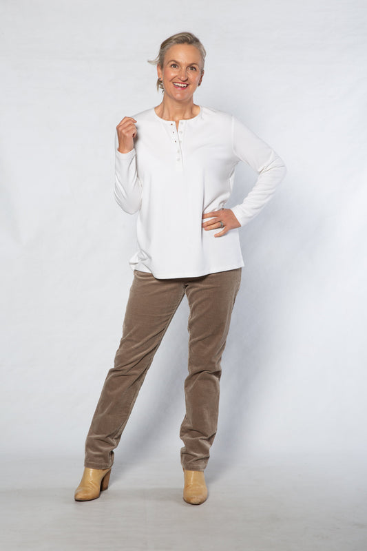 Henley Long sleeve stretch crew neck top #209 White