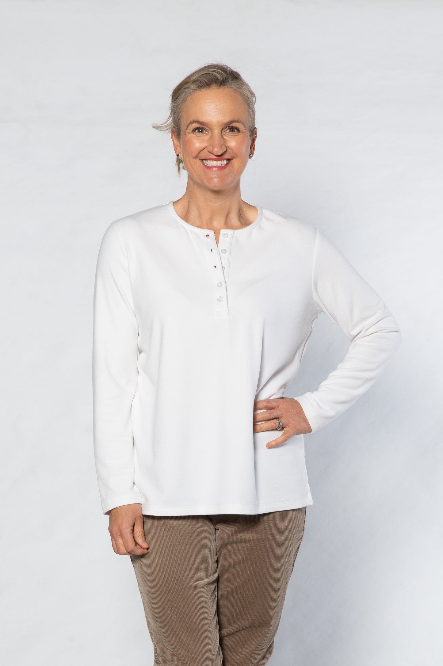 Henley Long sleeve stretch crew neck top #209 White