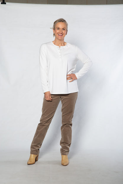 Henley Long sleeve stretch crew neck top #209 White