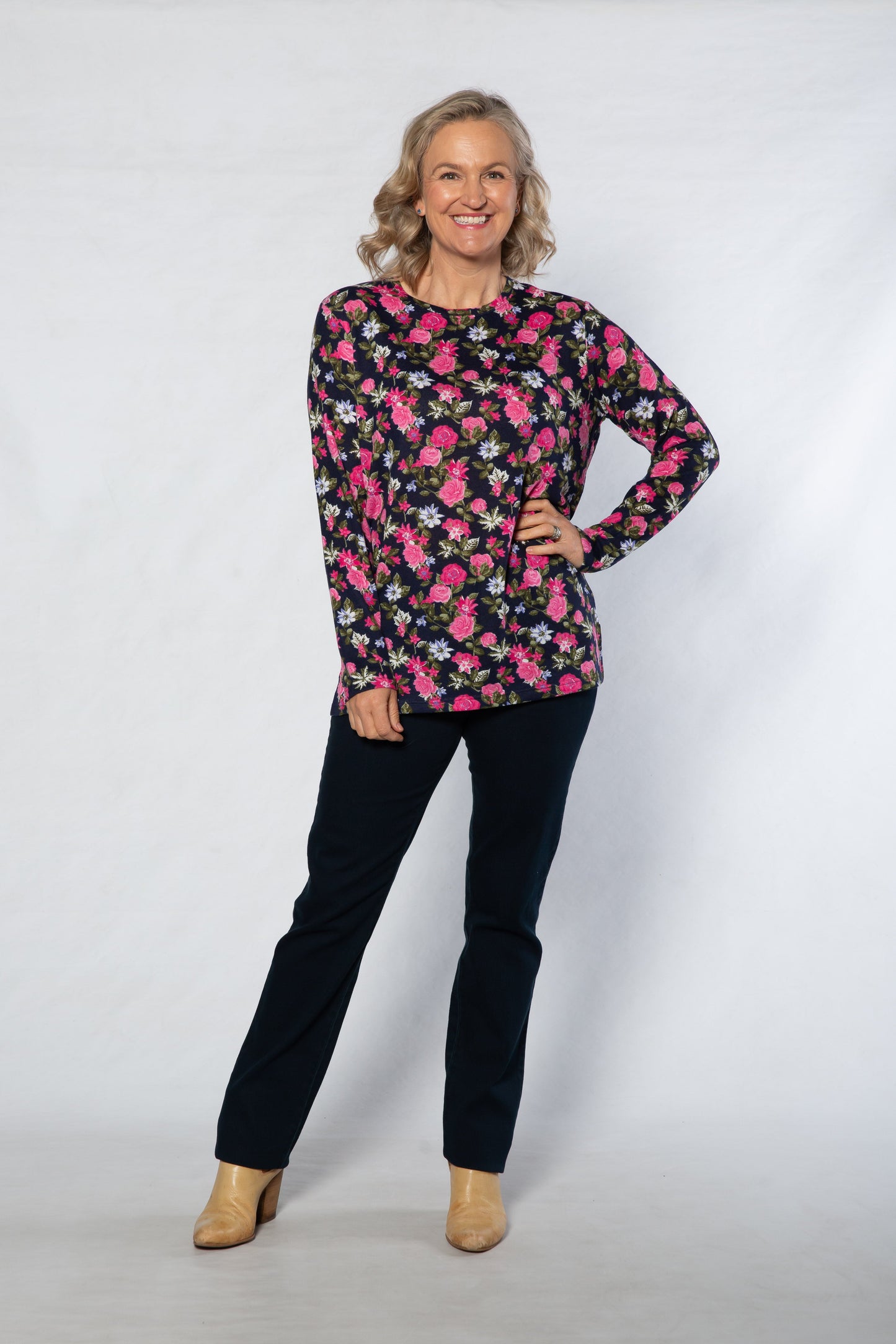 Floral Printed Long sleeve stretch crew neck top #211 Navy