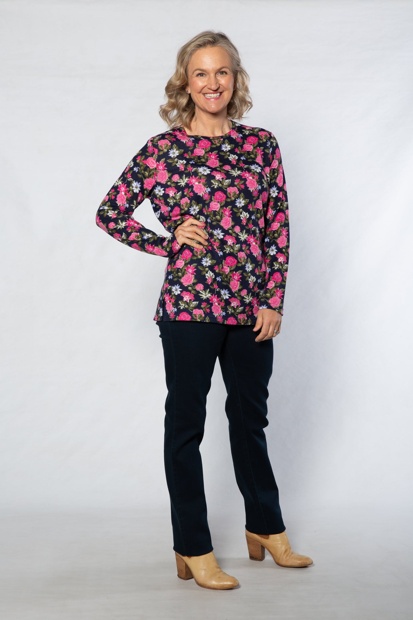 Floral Printed Long sleeve stretch crew neck top #211 Navy