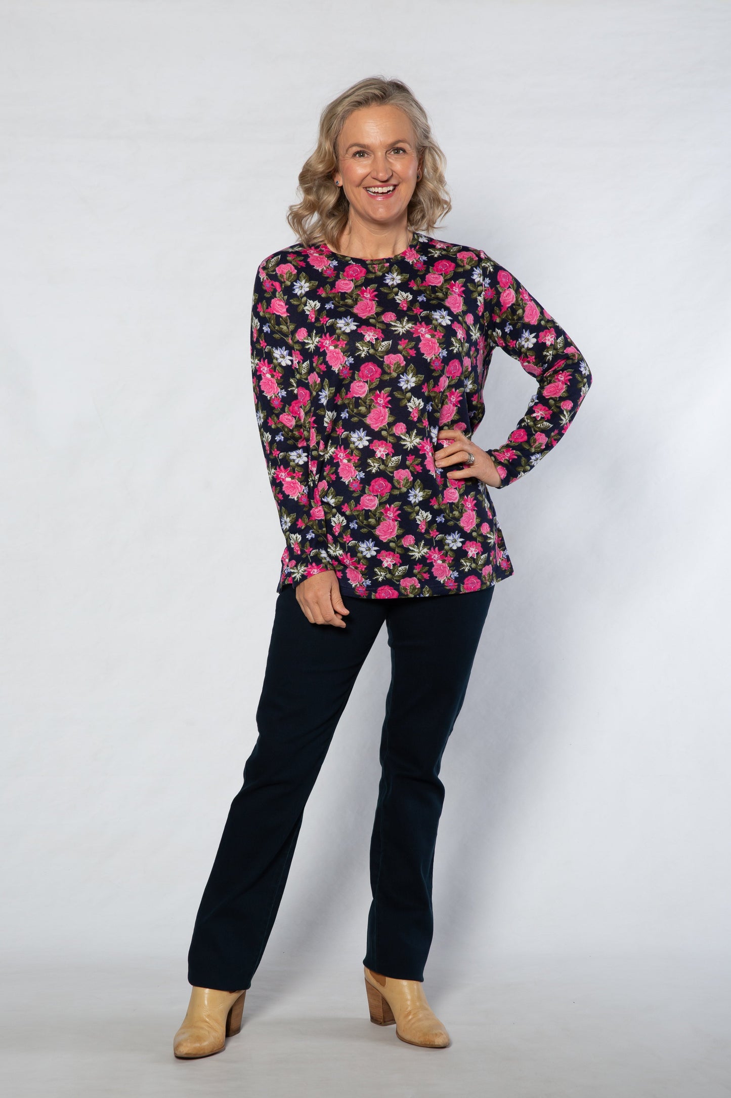 Floral Printed Long sleeve stretch crew neck top #211 Navy