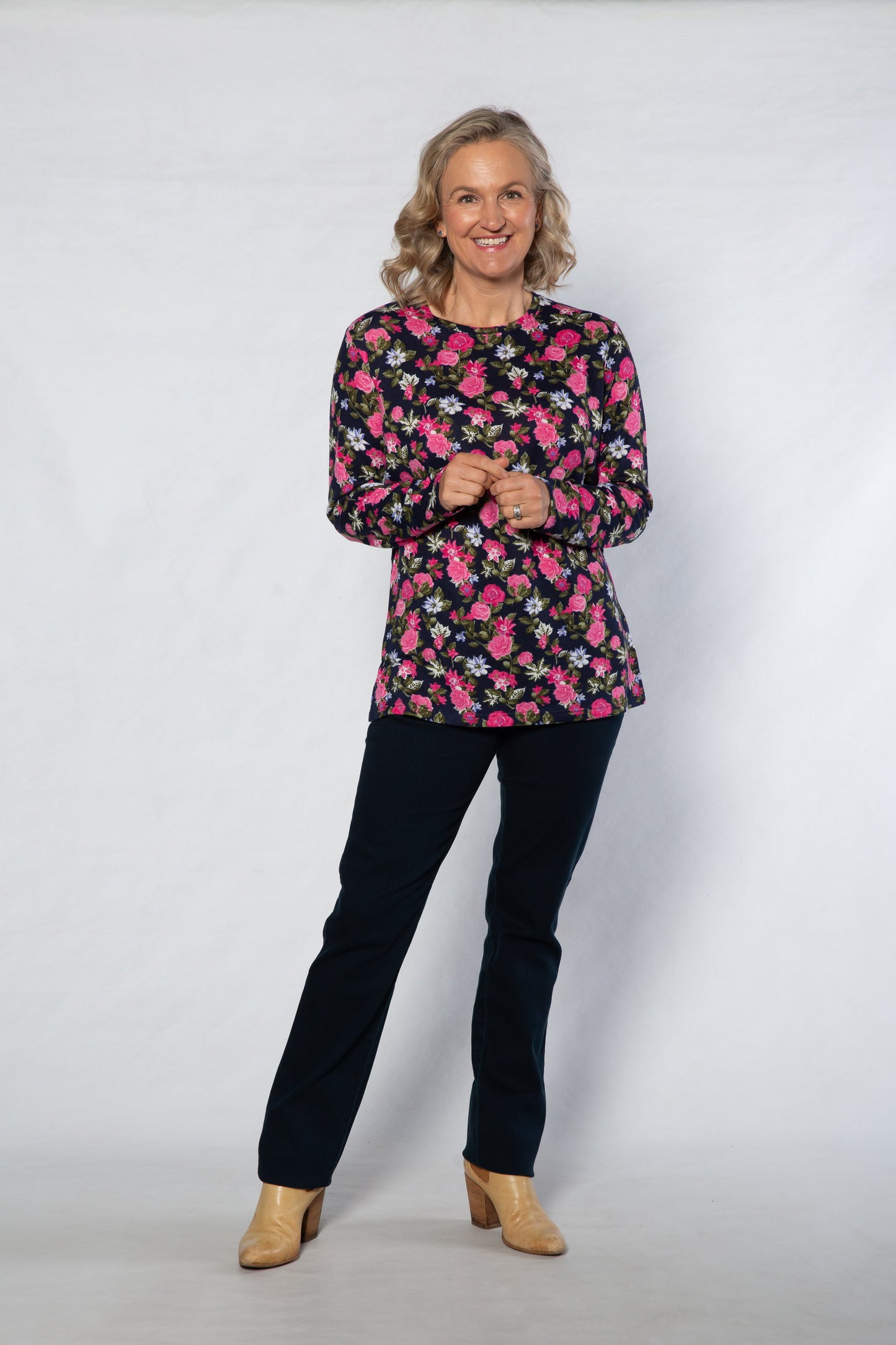 Floral Printed Long sleeve stretch crew neck top #211 Navy