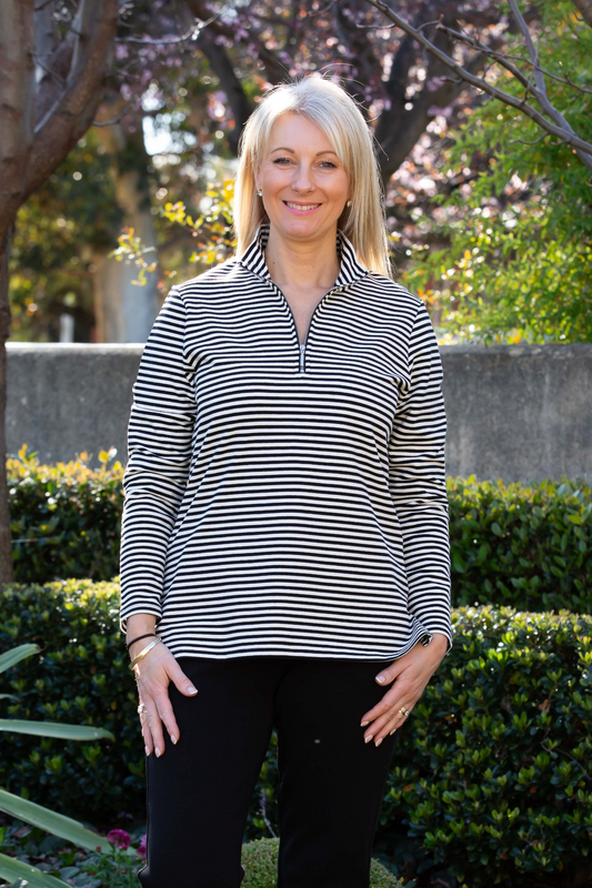 3/4 Sleeve Yarn Dyed Stripe Cotton Top with 1/2 zip #238 Black/White